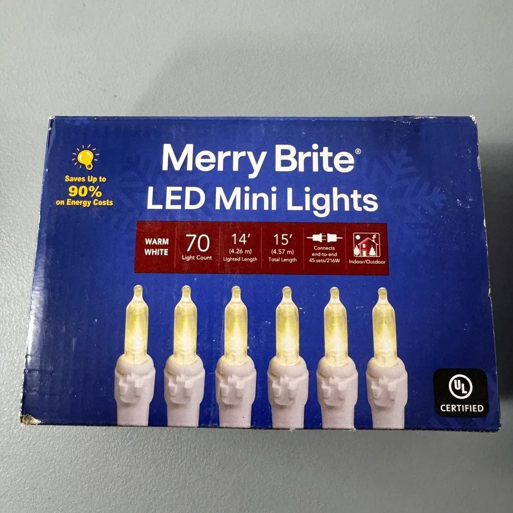 Merry Brite 70 Count Warm White LED Mini‎ Lights Indoor Outdoor2 Boxes Total